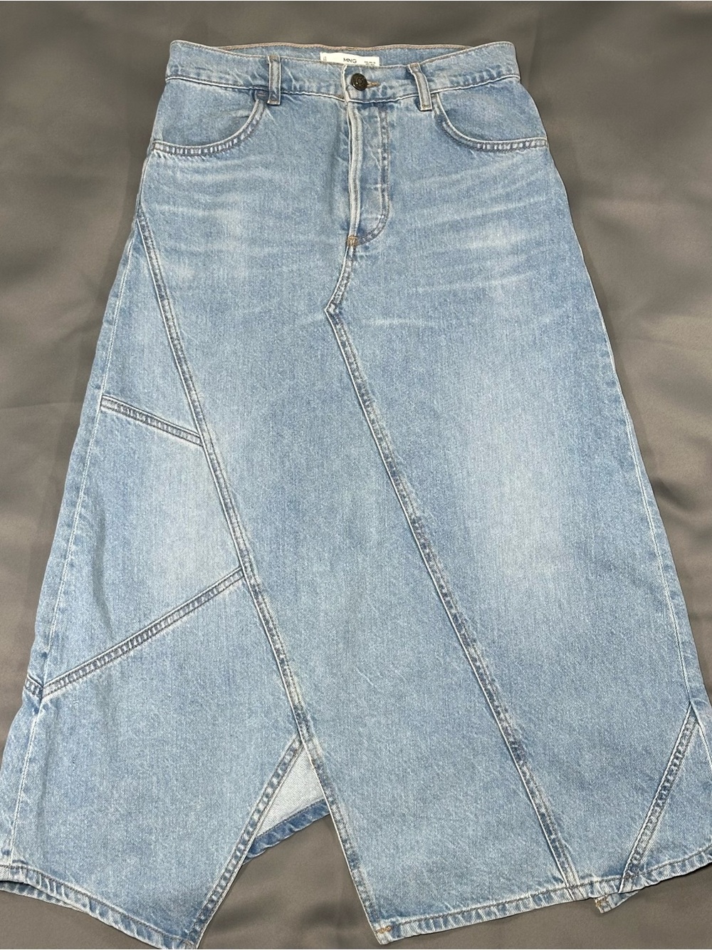 Mango Asymmetrical Paneled Denim Midi Skirt Light Wash Size XS